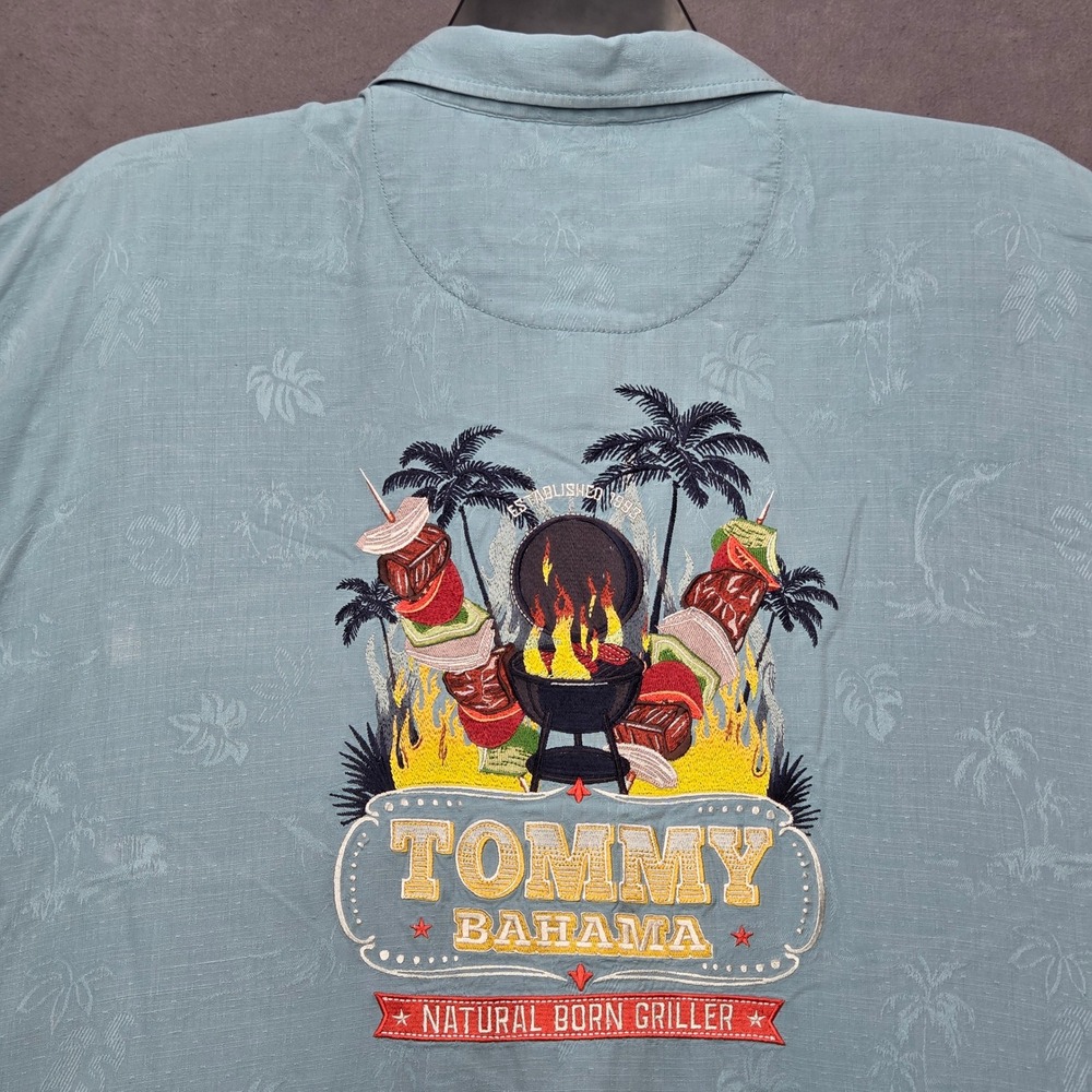 Tommy Bahama Shirt Mens 3XLB Big Natural Born Griller Silk Embroidered Camp Blue